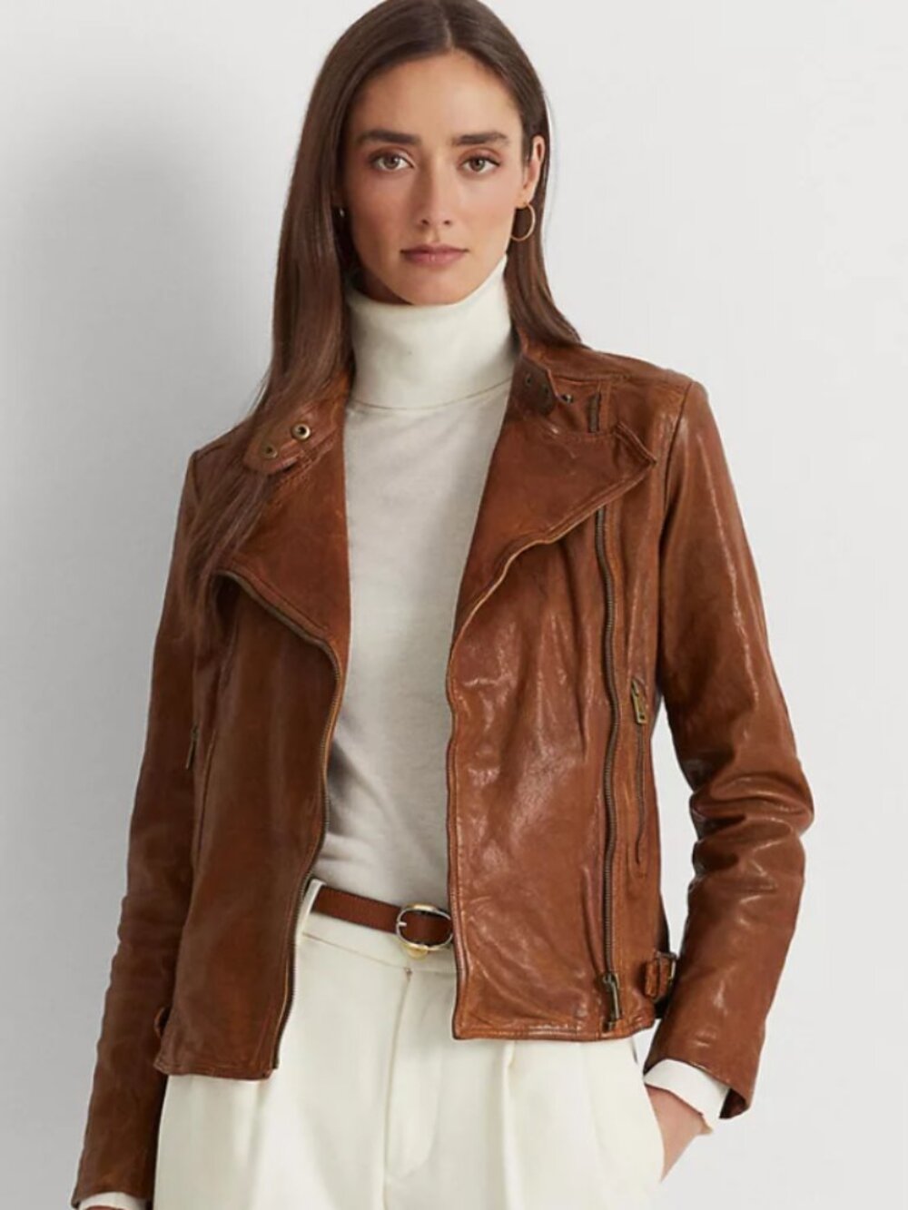 lauren by ralph lauren brown leather moto jacket